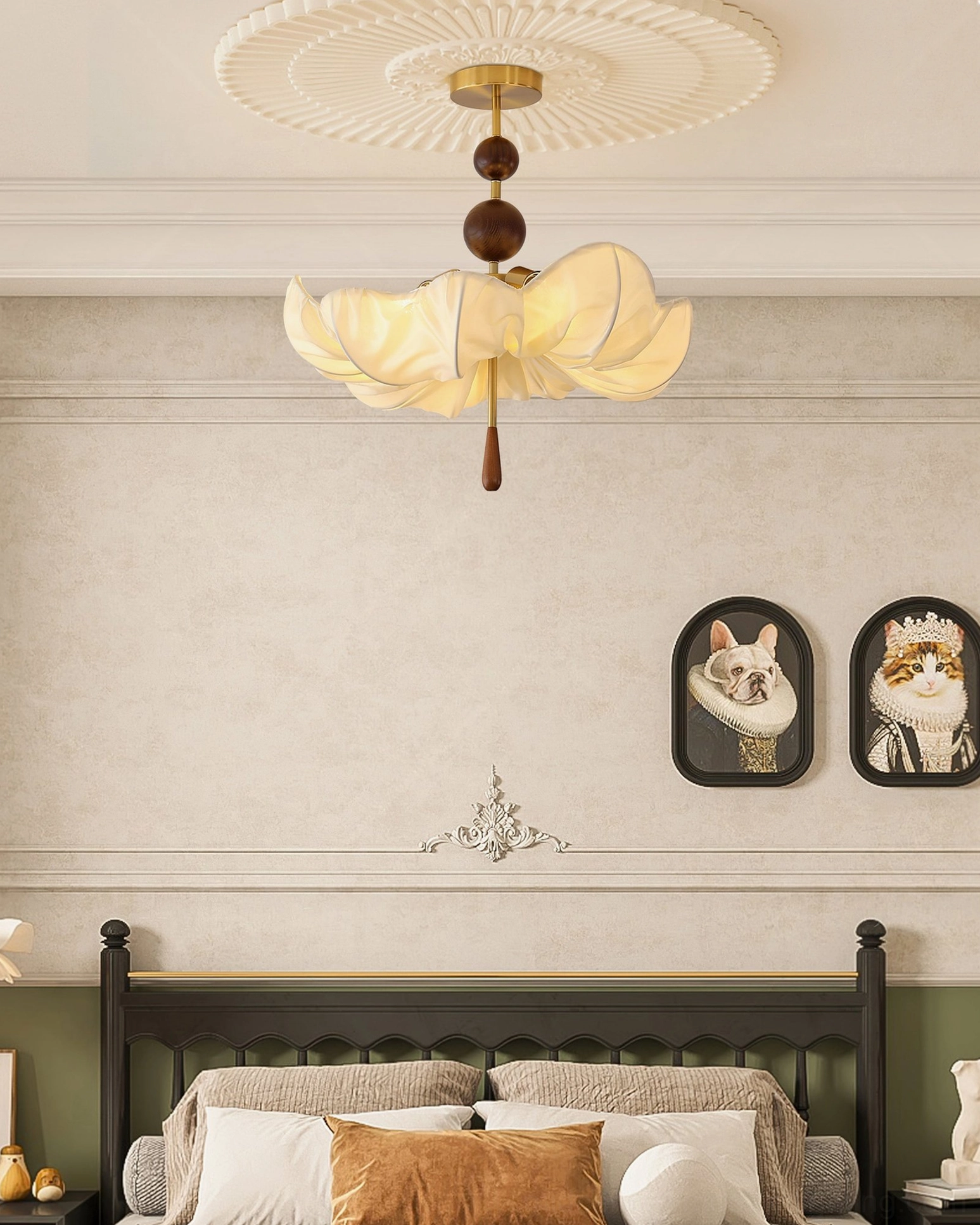 Overhead view of illuminated Pinctada fabric ceiling chandelier in vintage bedroom with warm ambient lighting