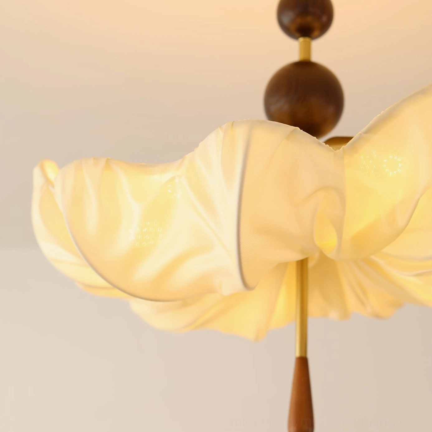 Pinctada fabric ceiling light in walnut and gold finish, side angle perspective of complete fixture