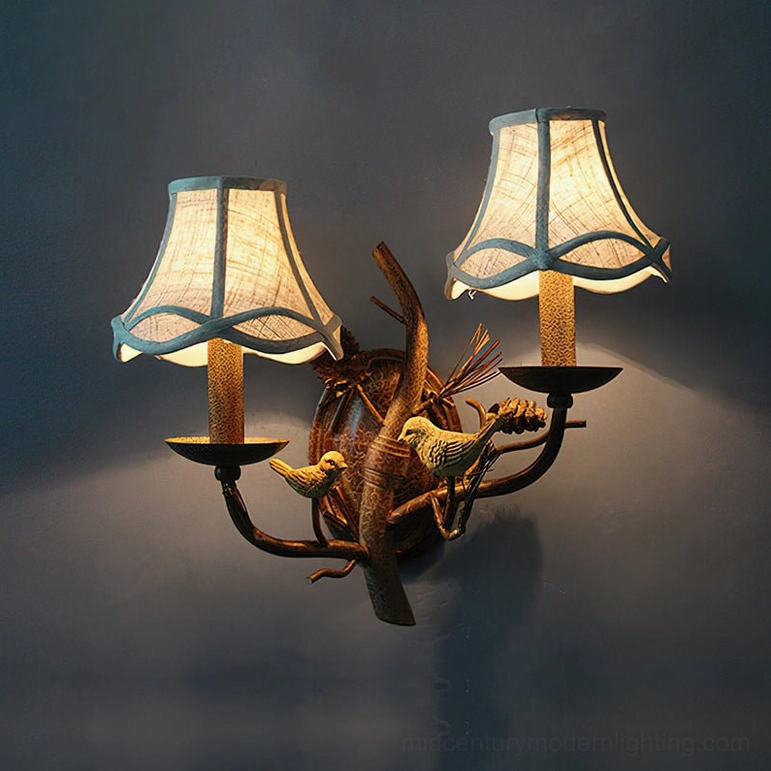 Double-head Pinecone Bird 2-Head configuration wall lamp, 16.9 inch wide by 15 inch height, fireplace setting