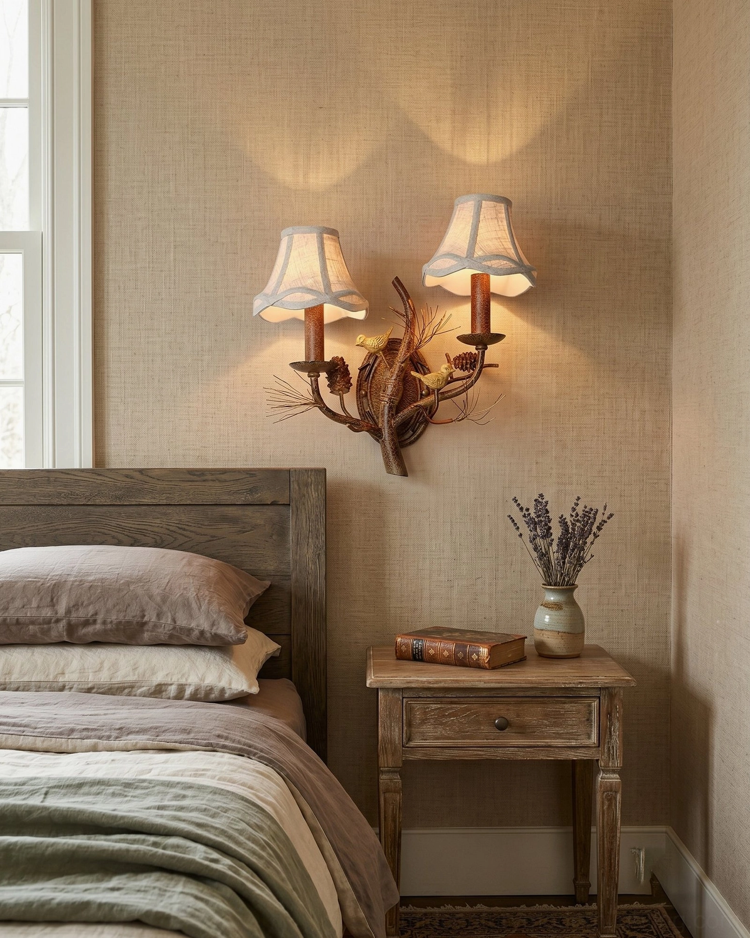 Double-head rustic wall lamp beside guest bedroom bedside with neutral linen bedding, soft warm glow