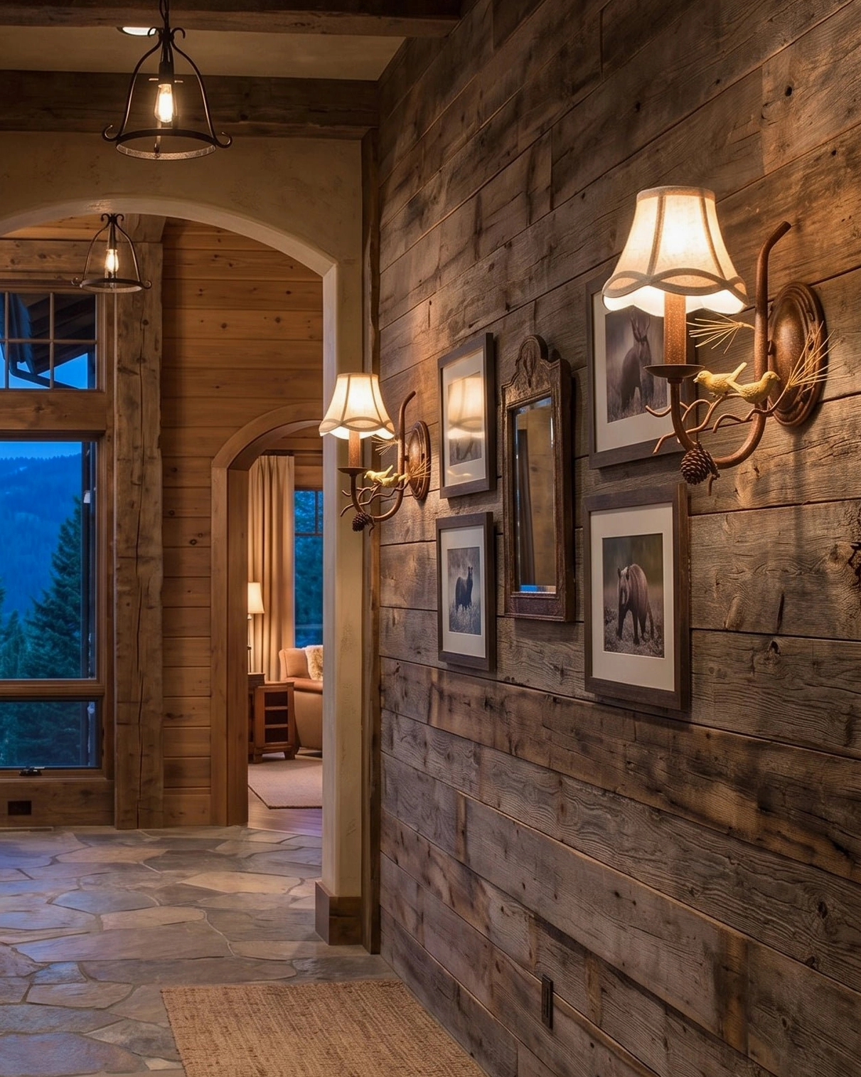 Set of rustic pinecone bird wall lamps in wooden cabin hallway with framed artworks and wood plank walls