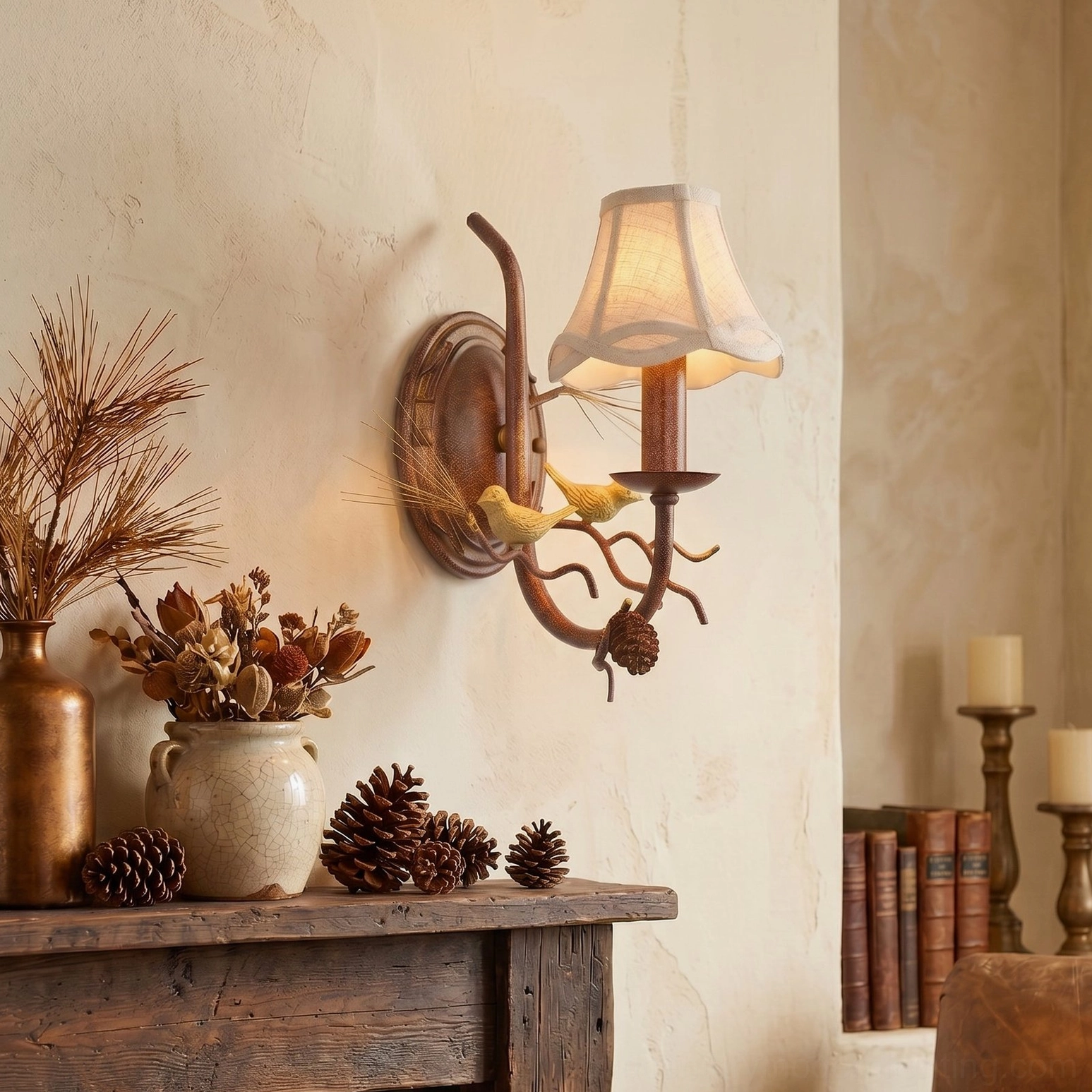 Double-head rustic bird wall lamp mounted beside fireplace with vintage decor and dried florals, warm ambient lighting