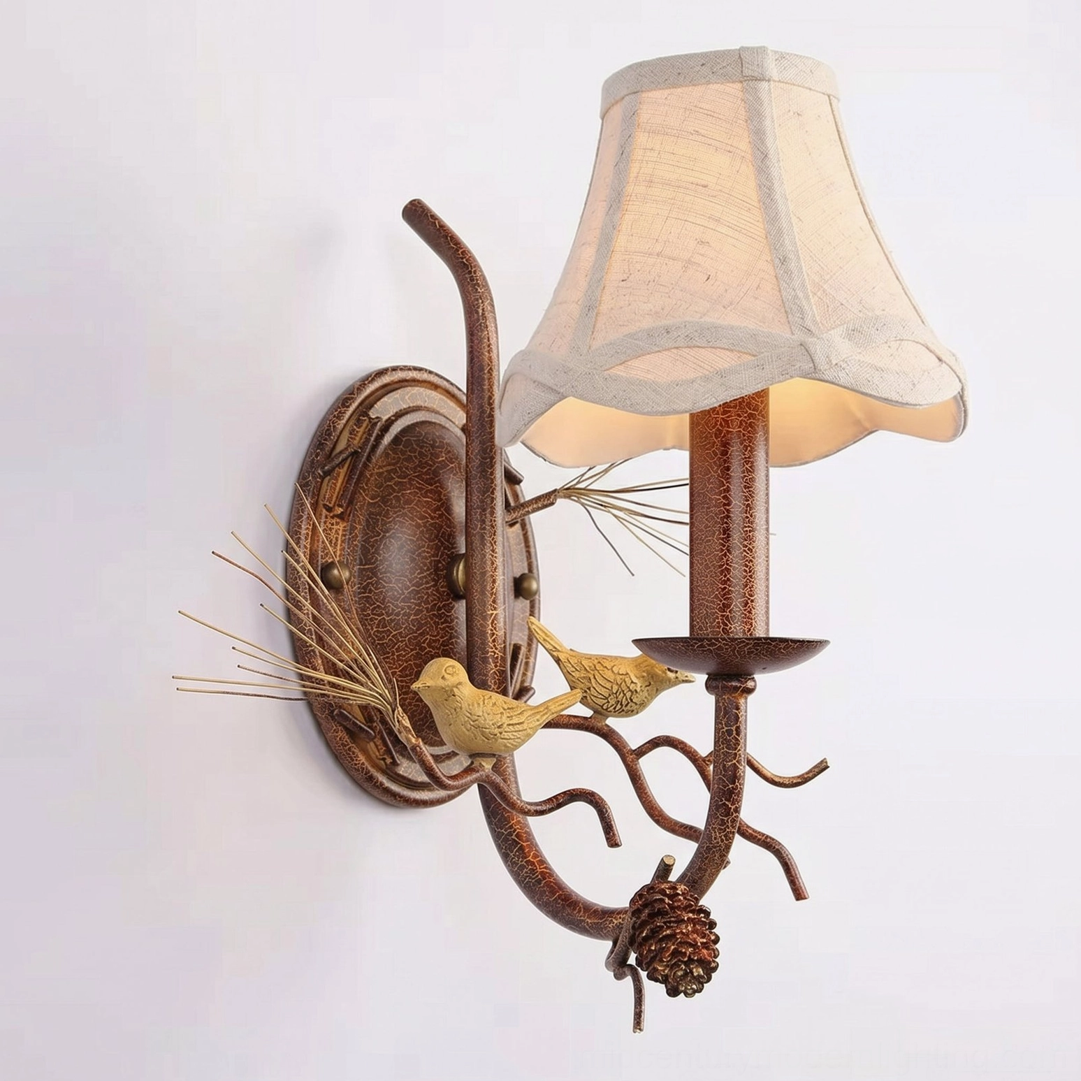 Pinecone Bird wall lamp mounted in modern farmhouse entryway with natural wood and vintage accessories