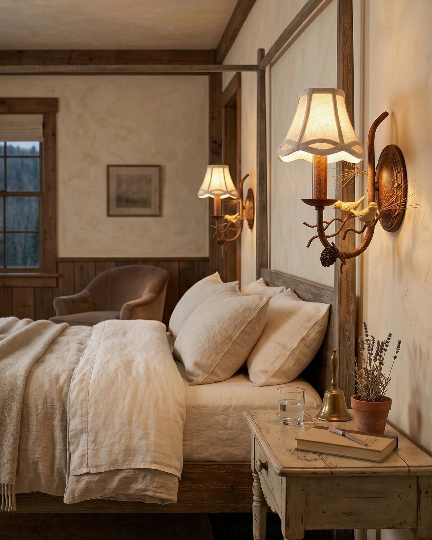Double-head rustic wall lamp in master bedroom with four-poster bed and cabin decor, warm fabric shade accent