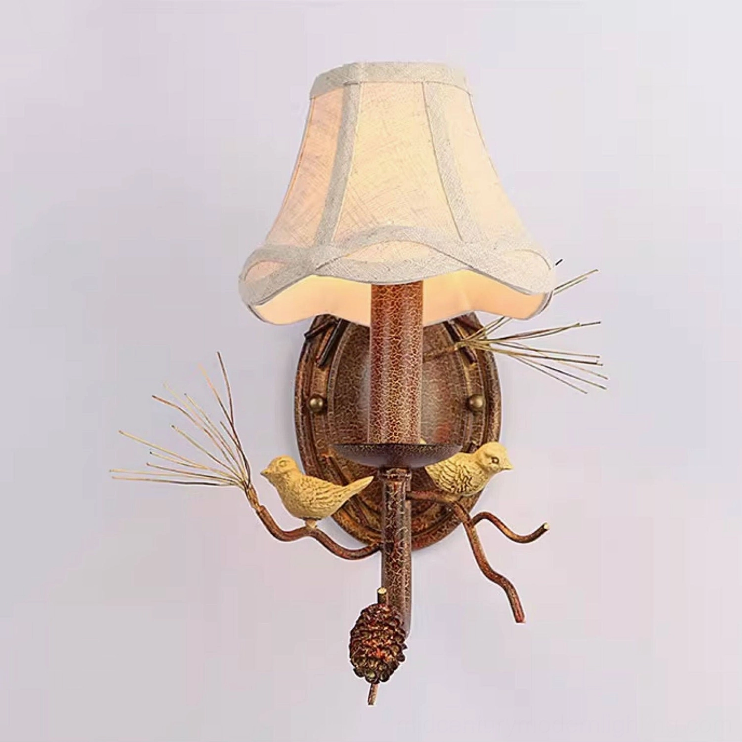 Pinecone Bird double-head wall lamp installation angle showing fabric shade and metal frame architecture