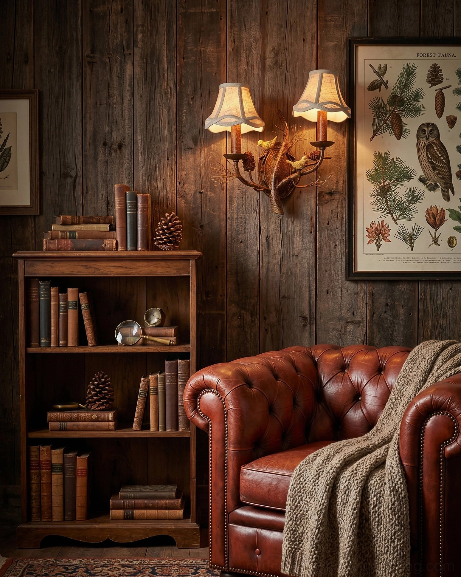 Double-head bird wall lamp beside botanical art and wooden bookshelf in vintage library corner reading space