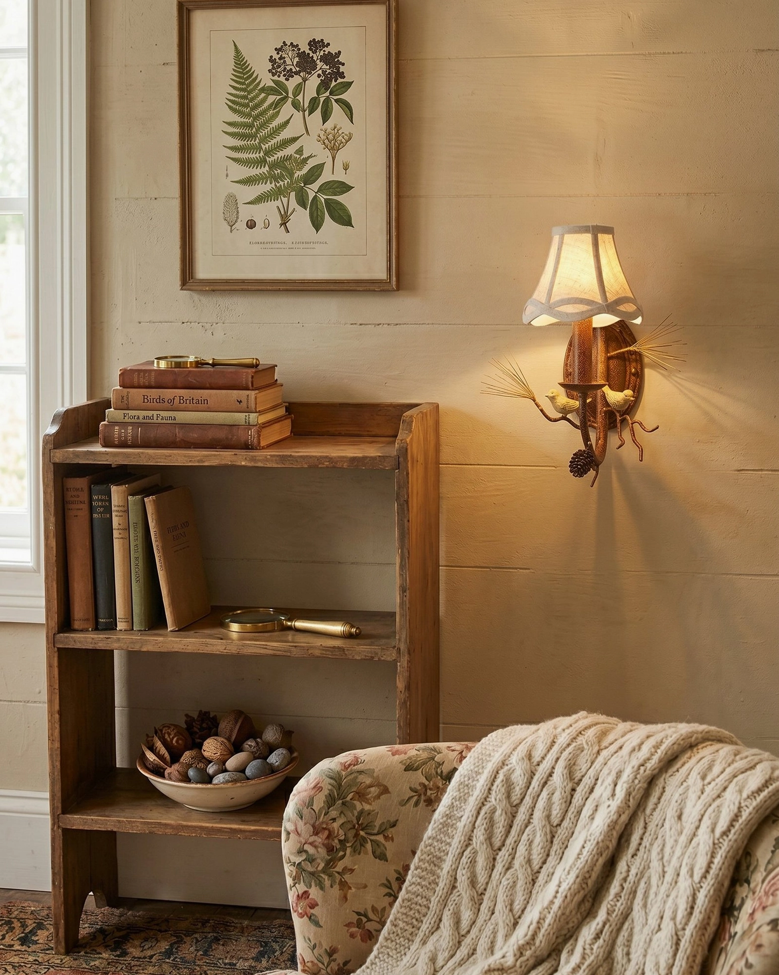Single-head wall lamp in cozy reading nook beside wooden bookshelf and floral upholstered sofa, intimate setting