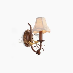Pinecone Bird single-head rustic wall lamp with bronze metal frame and fabric shade, front flat product view on white background