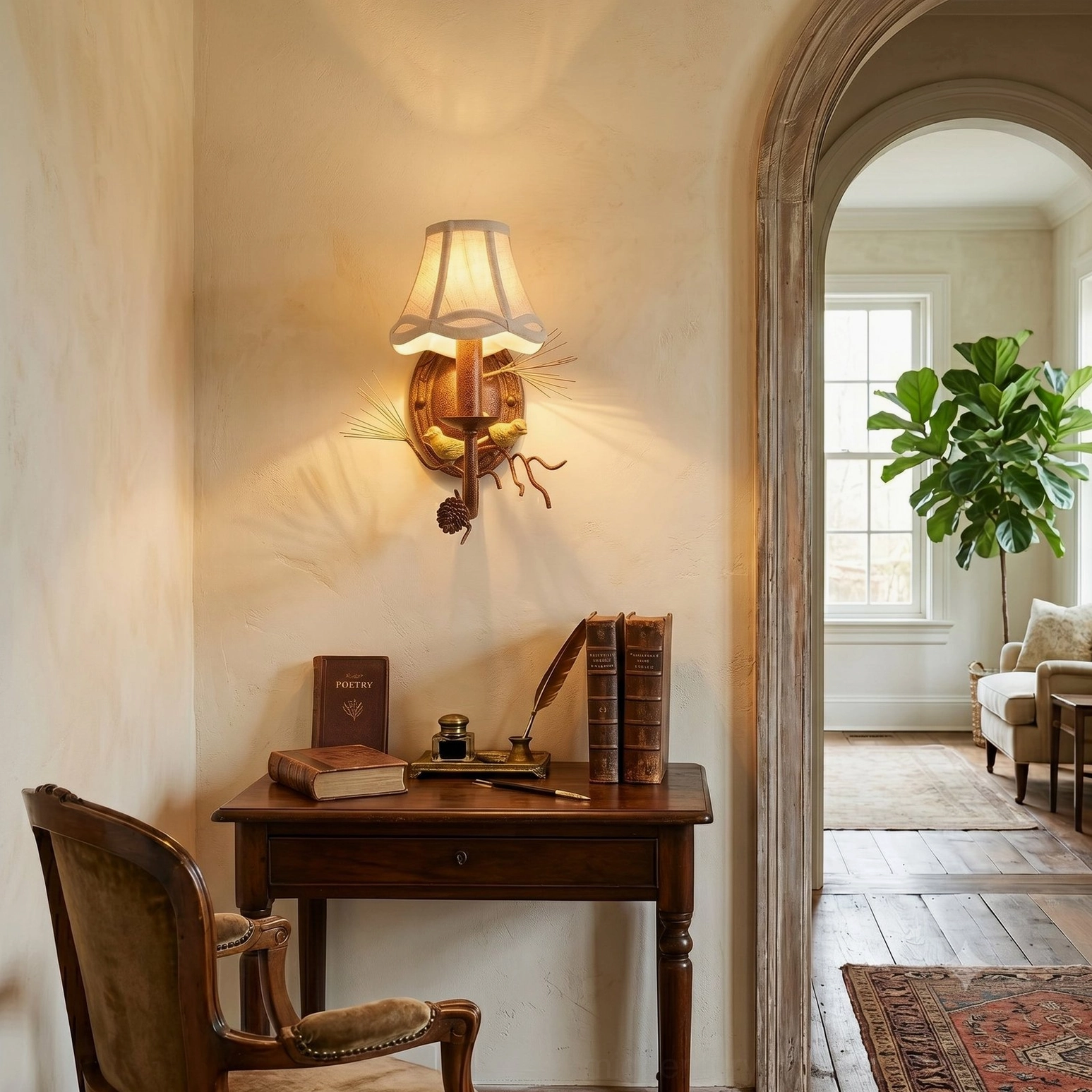 Single-head wall lamp in warm beige interior study corner with arched doorway, vintage home office lighting