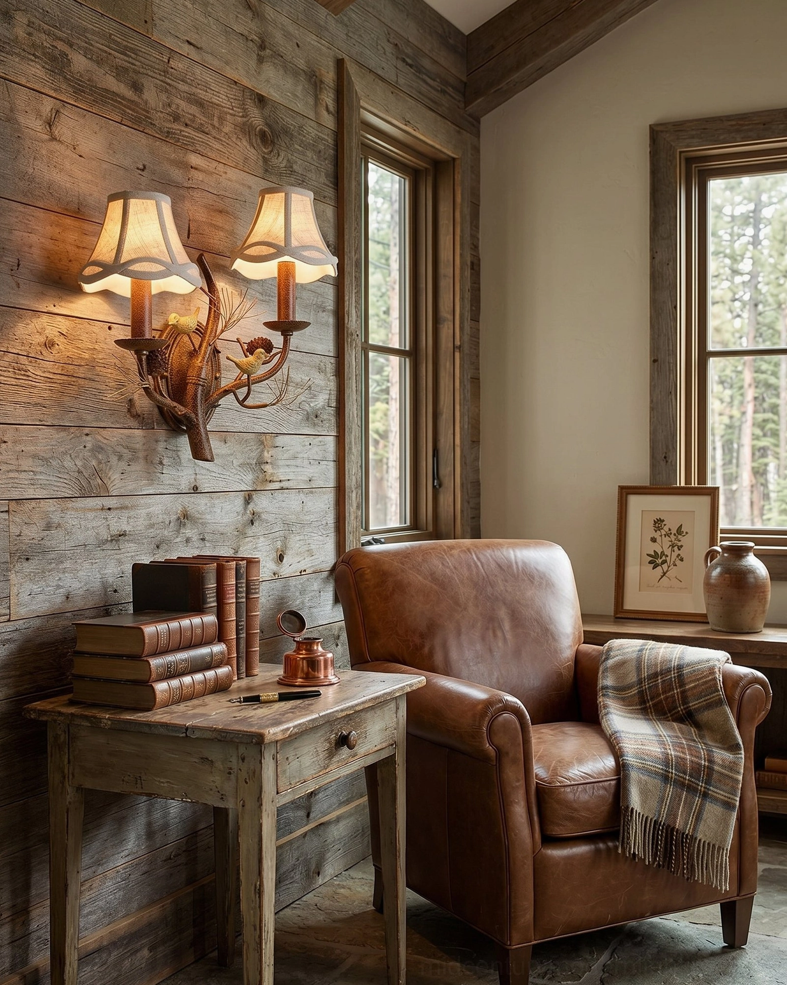 Double-head wall sconce in wood-paneled living room with leather armchair, rustic modern interior design