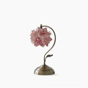 Pink capiz shell flower stained glass table lamp full view on white background, handcrafted romantic decorative lighting