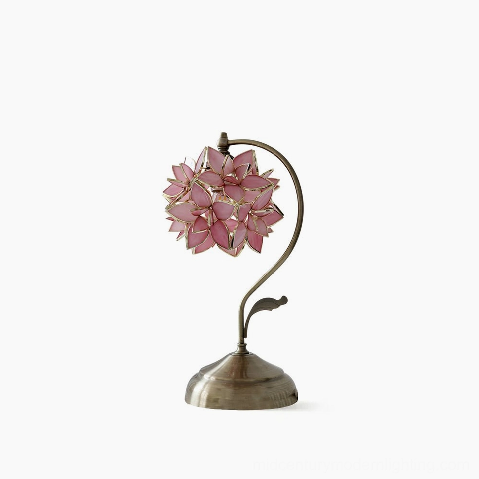 Pink capiz shell flower stained glass table lamp full view on white background, handcrafted romantic decorative lighting