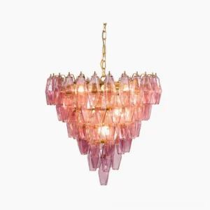 Lunaris Prism Chandelier with tiered pink crystal glass and brass hardware, frontal studio view