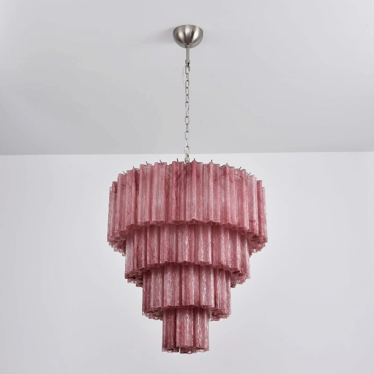 Unlit pink matte glass chandelier layered tier design frontal overhead perspective