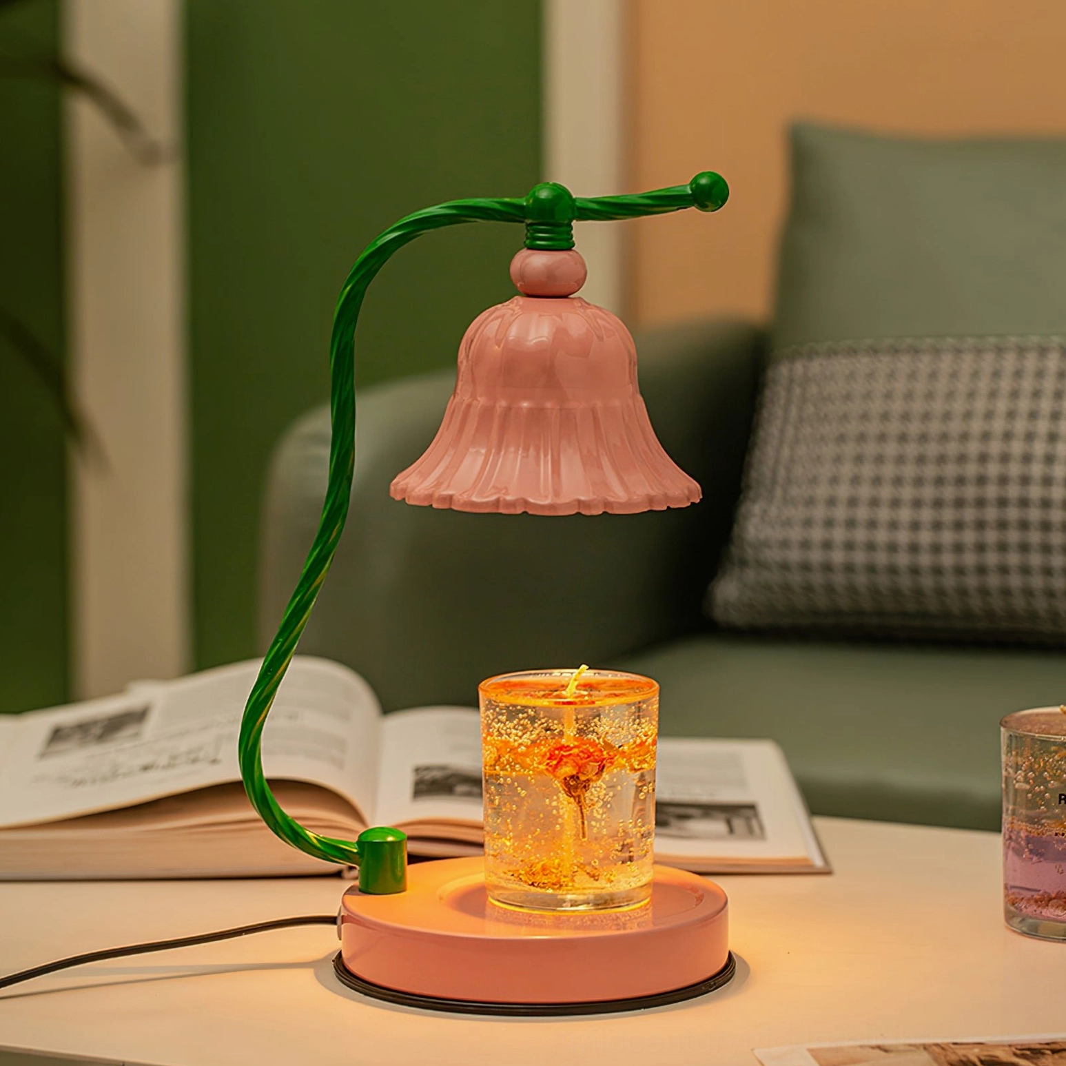 Pink fluted ceramic lamp shade with GU10 socket and green metal support arm assembly