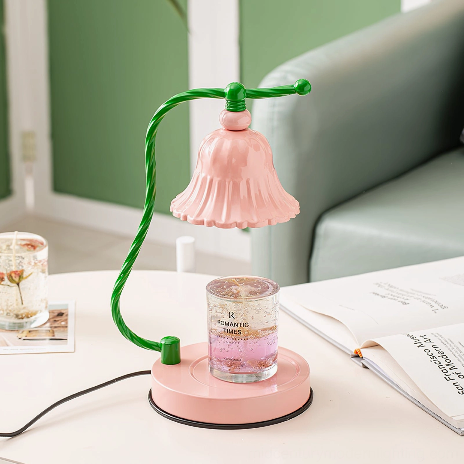 Pink fluted ceramic lamp styled in Scandinavian interior design home setting with natural light