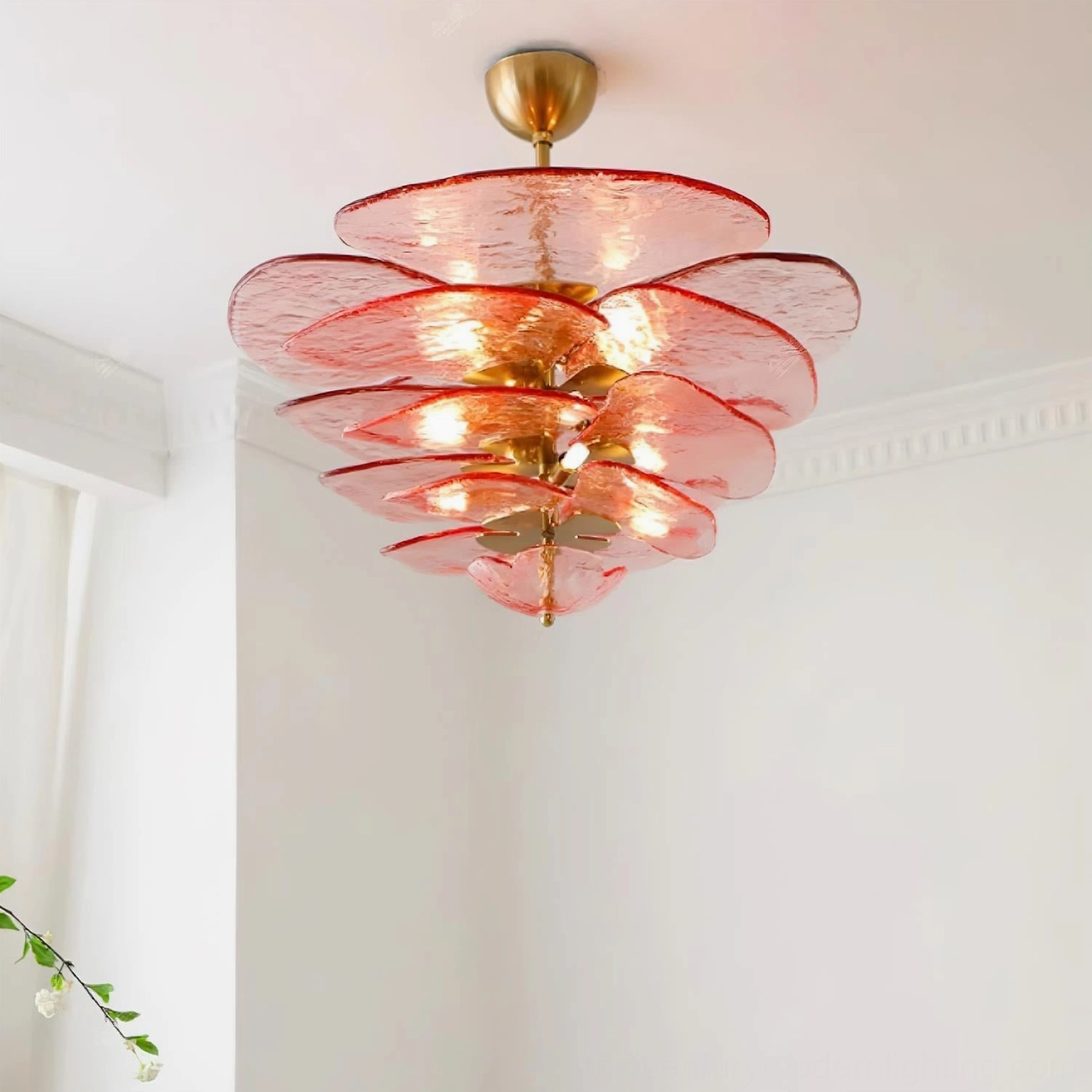 Translucent pink lotus leaf chandelier flush-mounted on ceiling with layered petal glass design