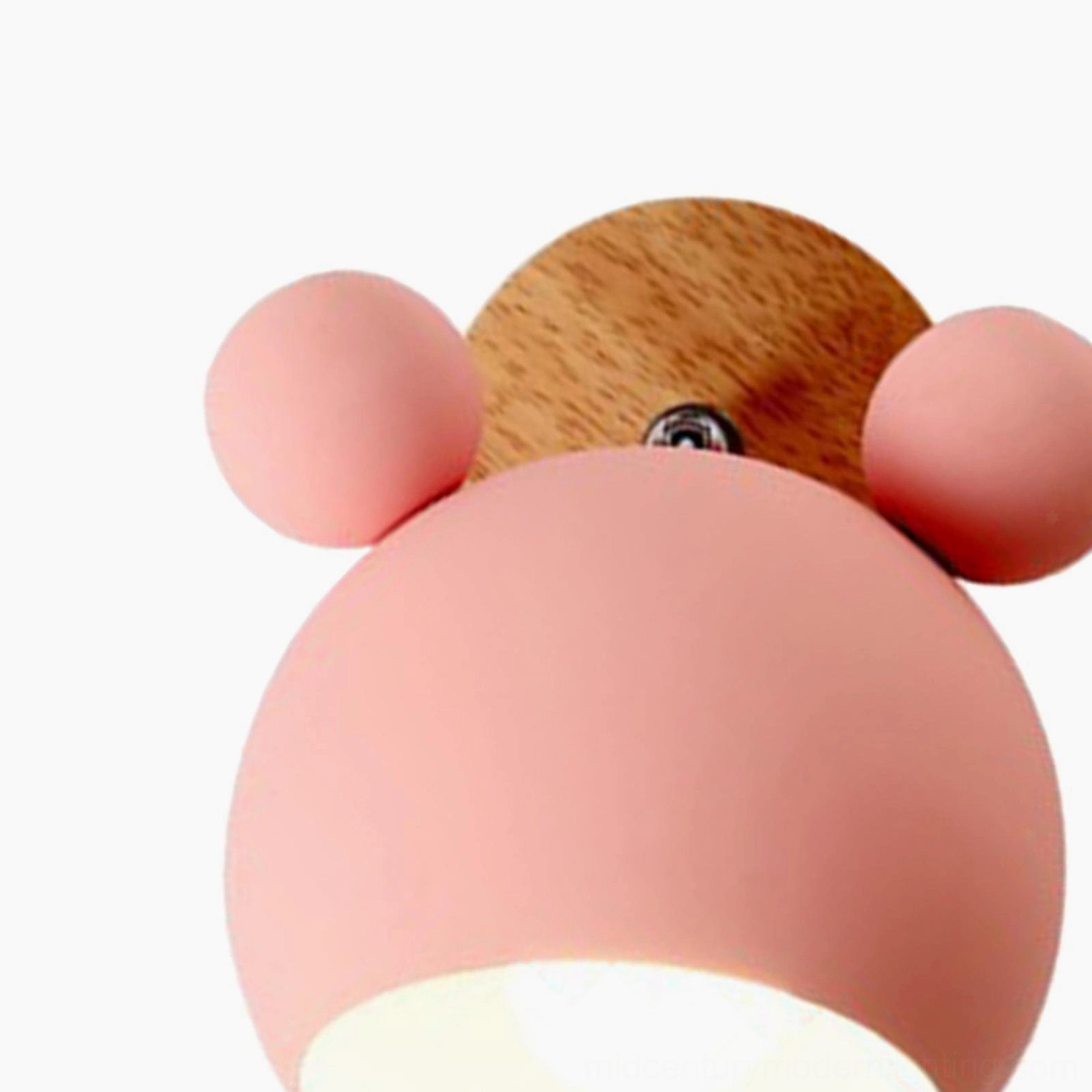 Close-up detail of pink mouse lamp showing ball-shaped ears and mounting base