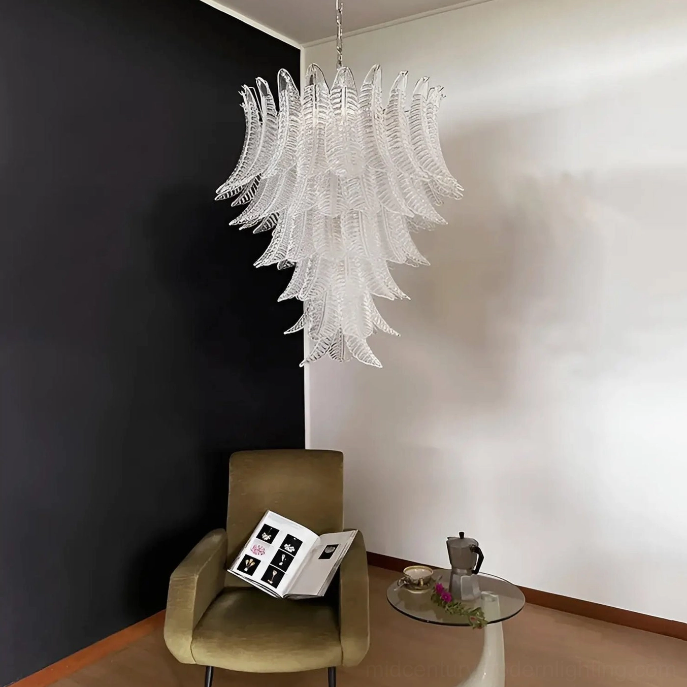 Pink Murano glass chandelier light diffusion showing warm glow effect