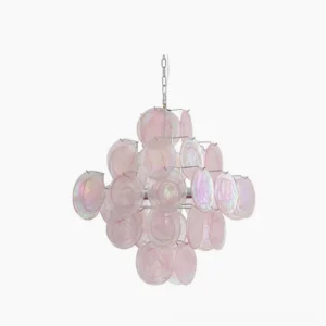 Pink iridescent Murano glass chandelier direct front overhead view studio lighting