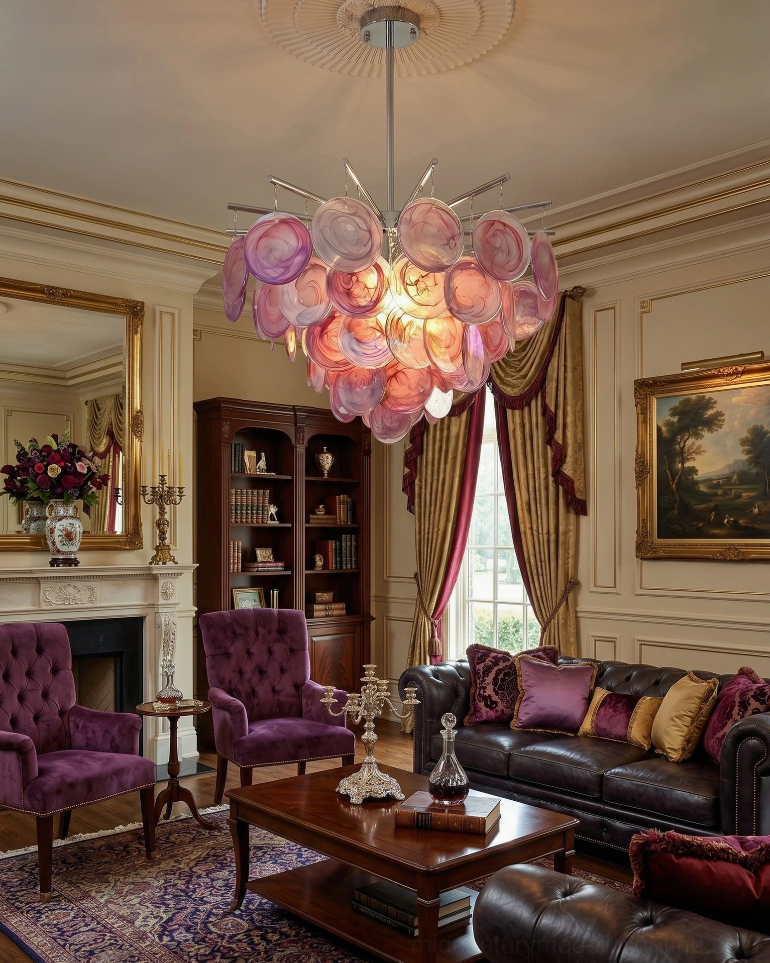 Pink gradient glass cascading chandelier in French style living room with velvet purple seating and dark leather sofa