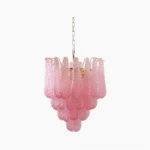 Hand-blown pink Murano glass teardrop chandelier with gold frame, close-up detail view showing textured glass layers