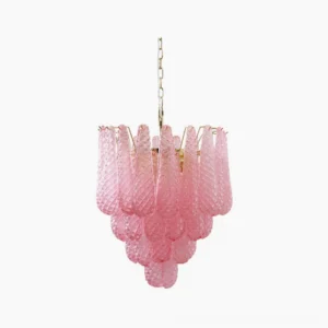Hand-blown pink Murano glass teardrop chandelier with gold frame, close-up detail view showing textured glass layers