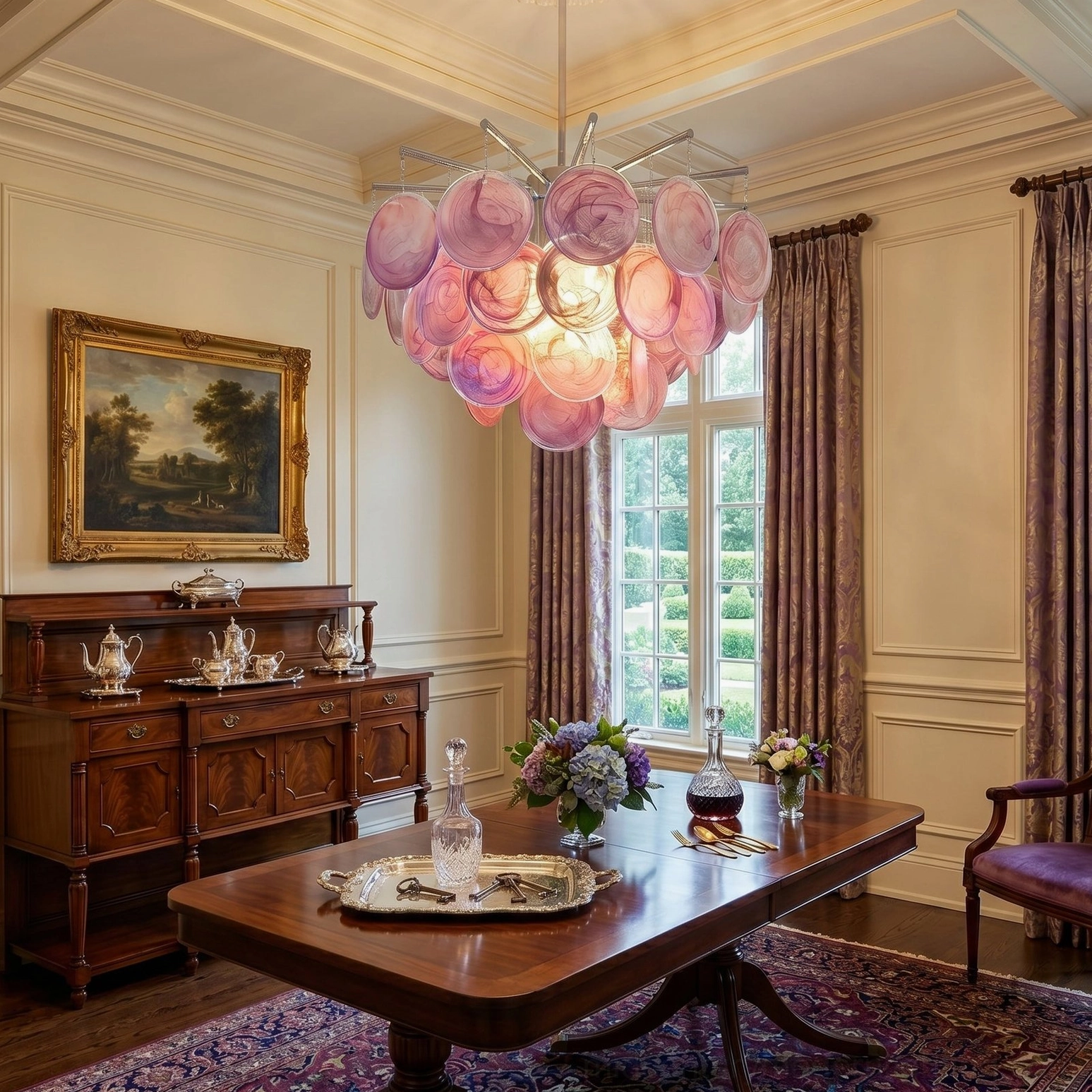 Pink marble-swirl glass sputnik chandelier in classic French dining room with vintage luxury aesthetic