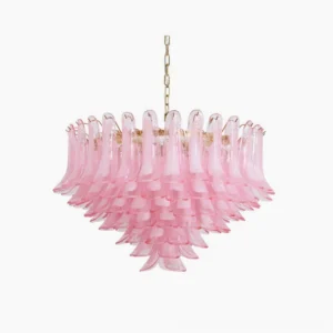 Pink petal Murano glass chandelier close-up detail shot showing hand-blown glass layered with gold frame and warm studio lighting