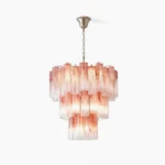 Overhead view of pink Murano tube chandelier with tiered glass design showing full cascading structure in studio lighting
