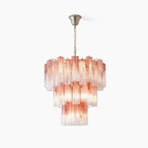 Overhead view of pink Murano tube chandelier with tiered glass design showing full cascading structure in studio lighting