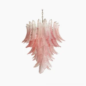 Pink palm leaf Murano glass chandelier front overhead studio view showing tiered feather-like glass design