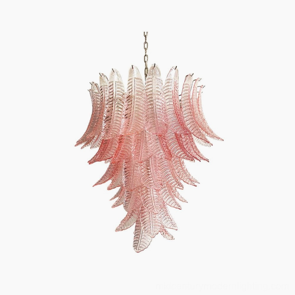 Pink palm leaf Murano glass chandelier front overhead studio view showing tiered feather-like glass design