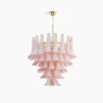 Pink Petal Rain Murano Glass Chandelier with gold metal frame, front view studio lighting