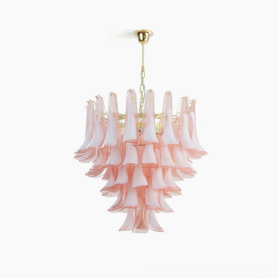 Pink Petal Rain Murano Glass Chandelier with gold metal frame, front view studio lighting