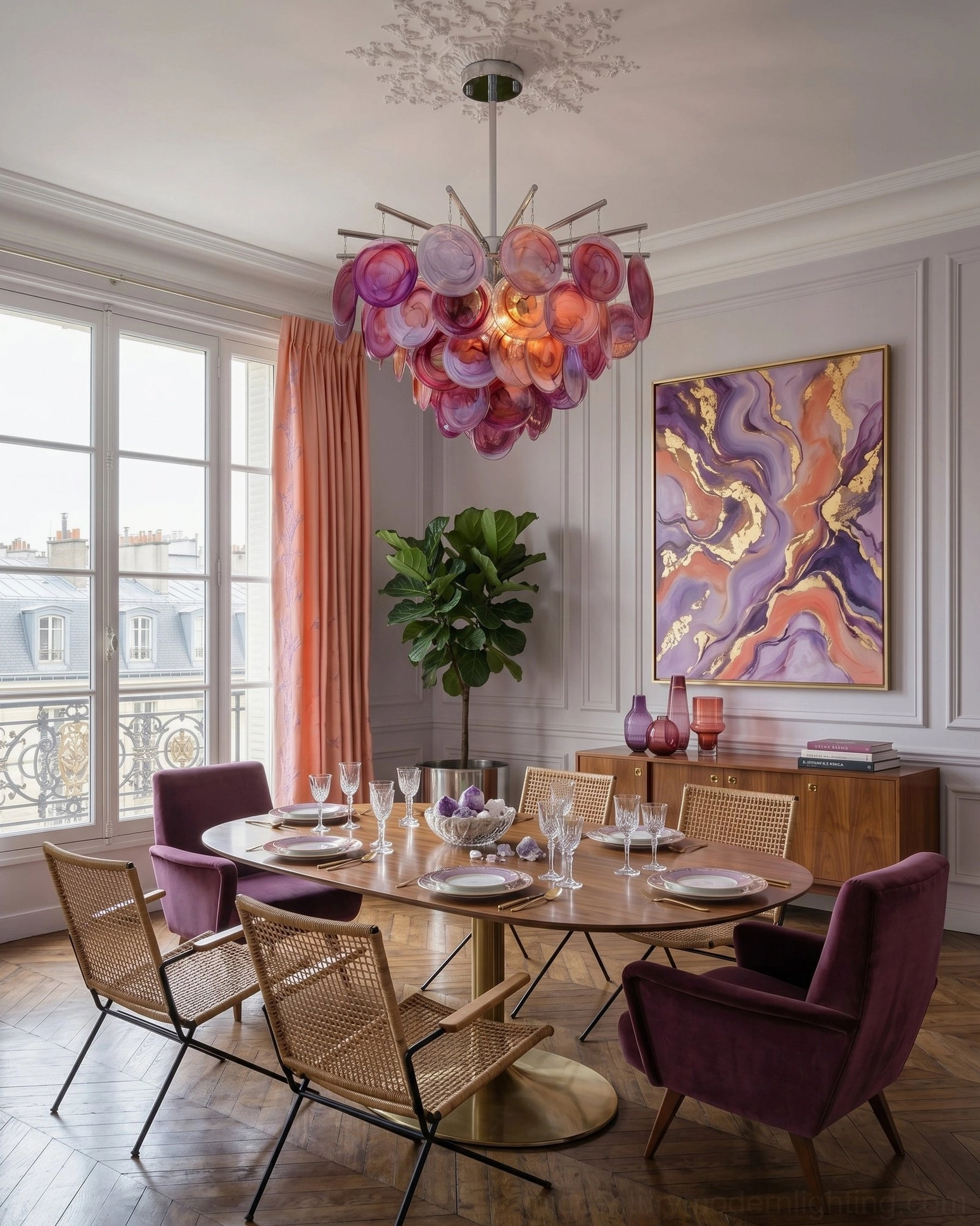 Pink-purple gradient glass sputnik chandelier in Parisian apartment dining room with abstract wall art and city view window