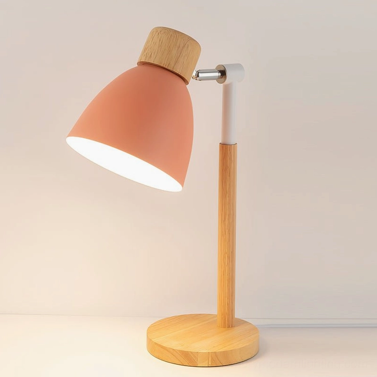 Pink shade Scandinavian wood table lamp with natural wooden base, mid-century modern minimalist design aesthetic