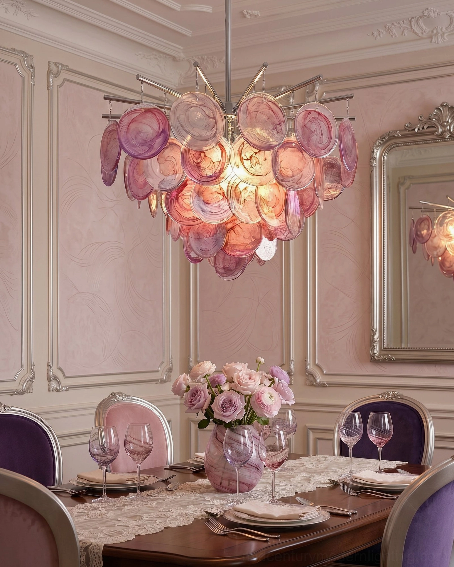 Pink gradient glass petal chandelier overhead view in French style dining room with floral centerpiece and pink wall paneling