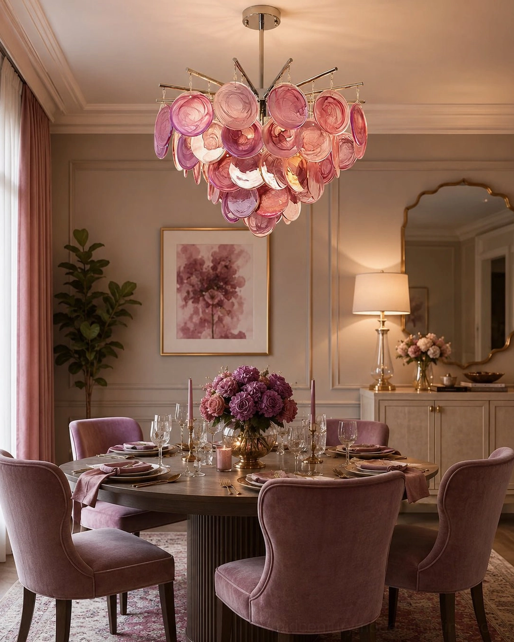 Pink gradient glass cascading chandelier suspended above formal round dining room with velvet dining chairs and floral centerpiece