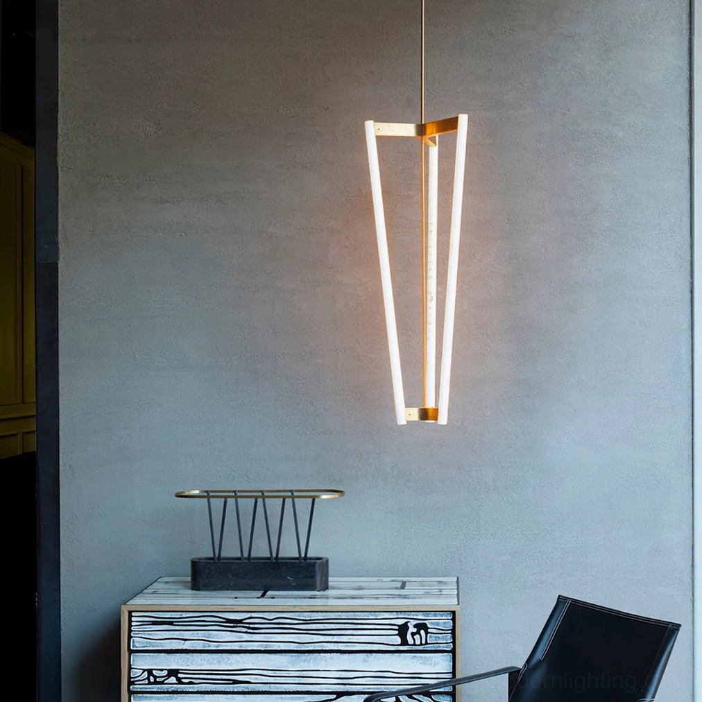 Pipeline Chandelier lit side view modern entryway minimalist lighting fixture