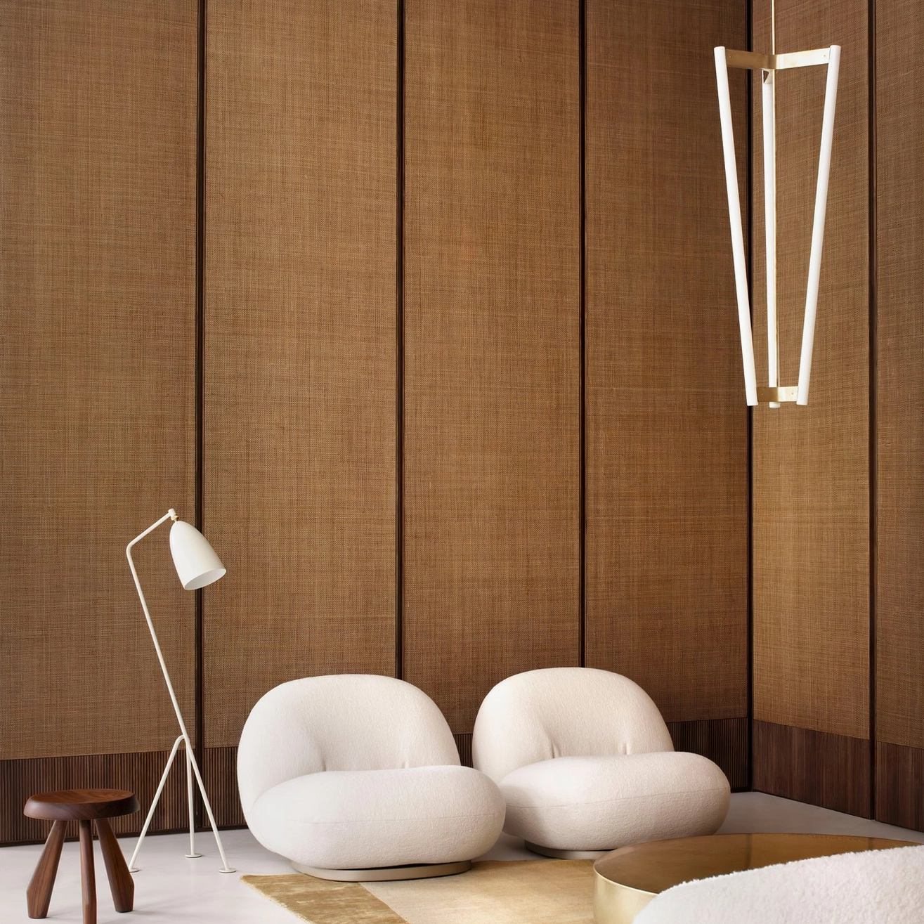 Pipeline Chandelier modern lounge space cozy contemporary interior design