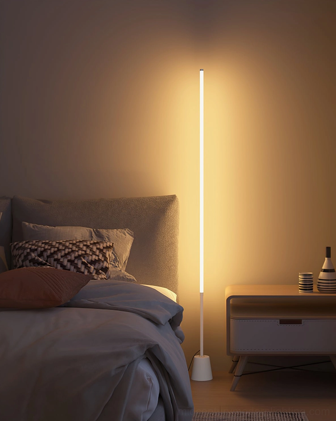Pair of Pipeline minimalist lamps creating vertical focal points in contemporary home interior, lighting design composition