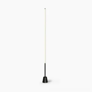 Pipeline minimalist LED floor lamp with matte black conical base against white background, frontal studio view showcasing clean geometric design