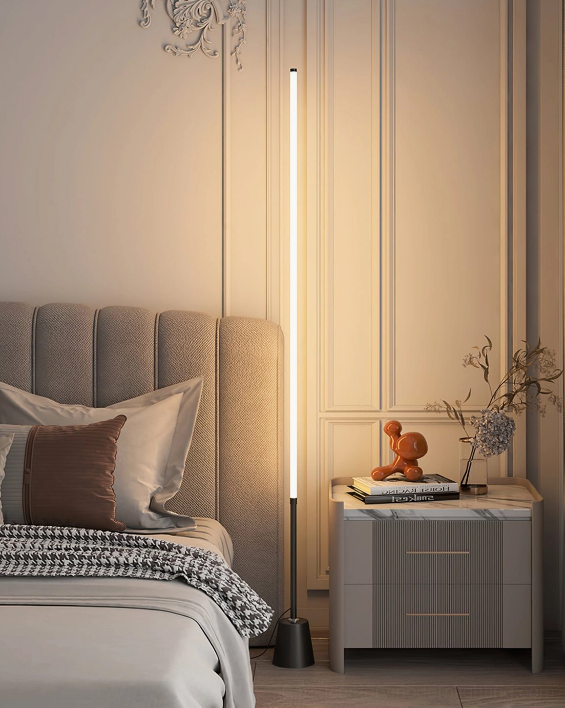 Close-up of Pipeline LED floor lamp base and remote control dimmer functionality, modern smart lighting features