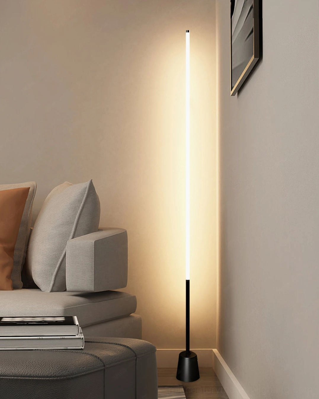 Pipeline floor lamp detailed side view showing acrylic diffuser and metal construction, architectural lighting design