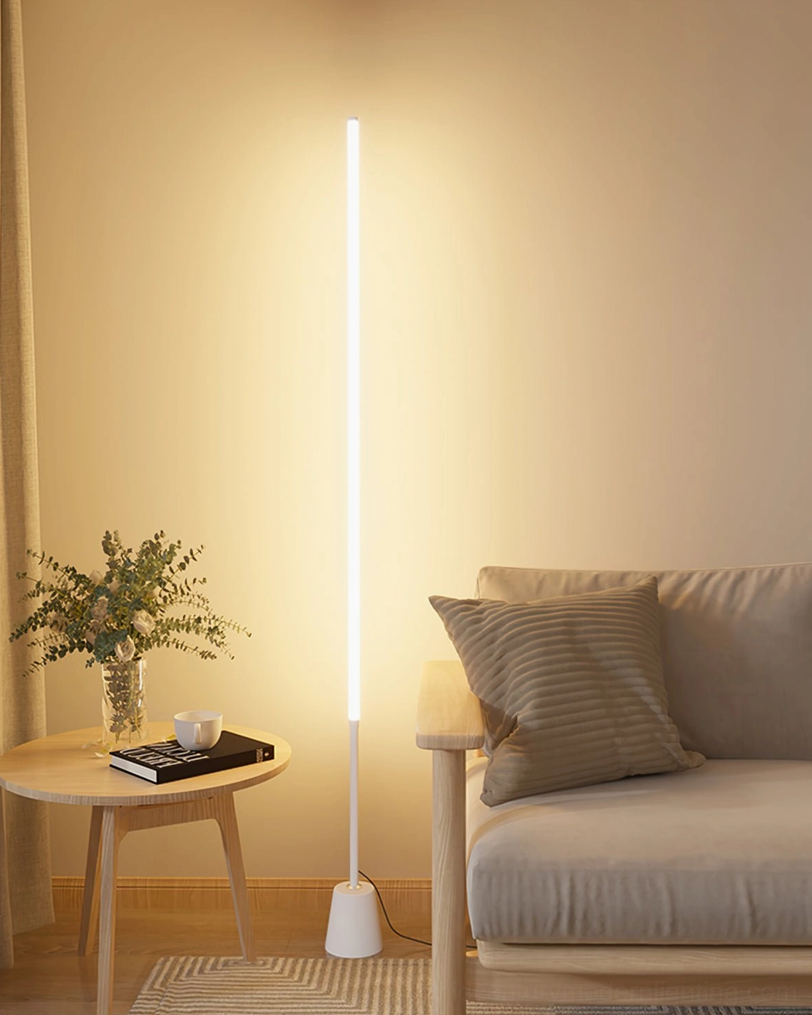Pipeline floor lamp installed in modern interior, wireless remote control dimming demonstration, smart lighting