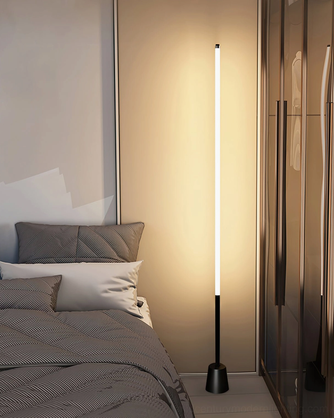 Pipeline minimalist floor lamp full height view in minimalist interior, 180cm architectural statement piece