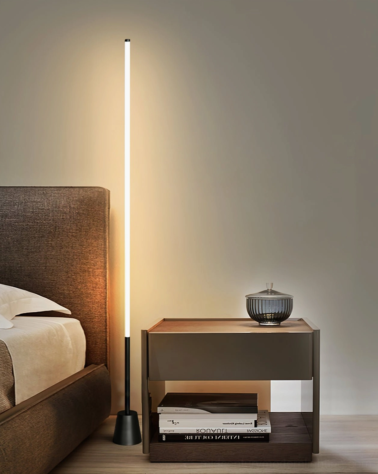 Pipeline LED floor lamp with white finish in contemporary living space, clean aesthetic modern design
