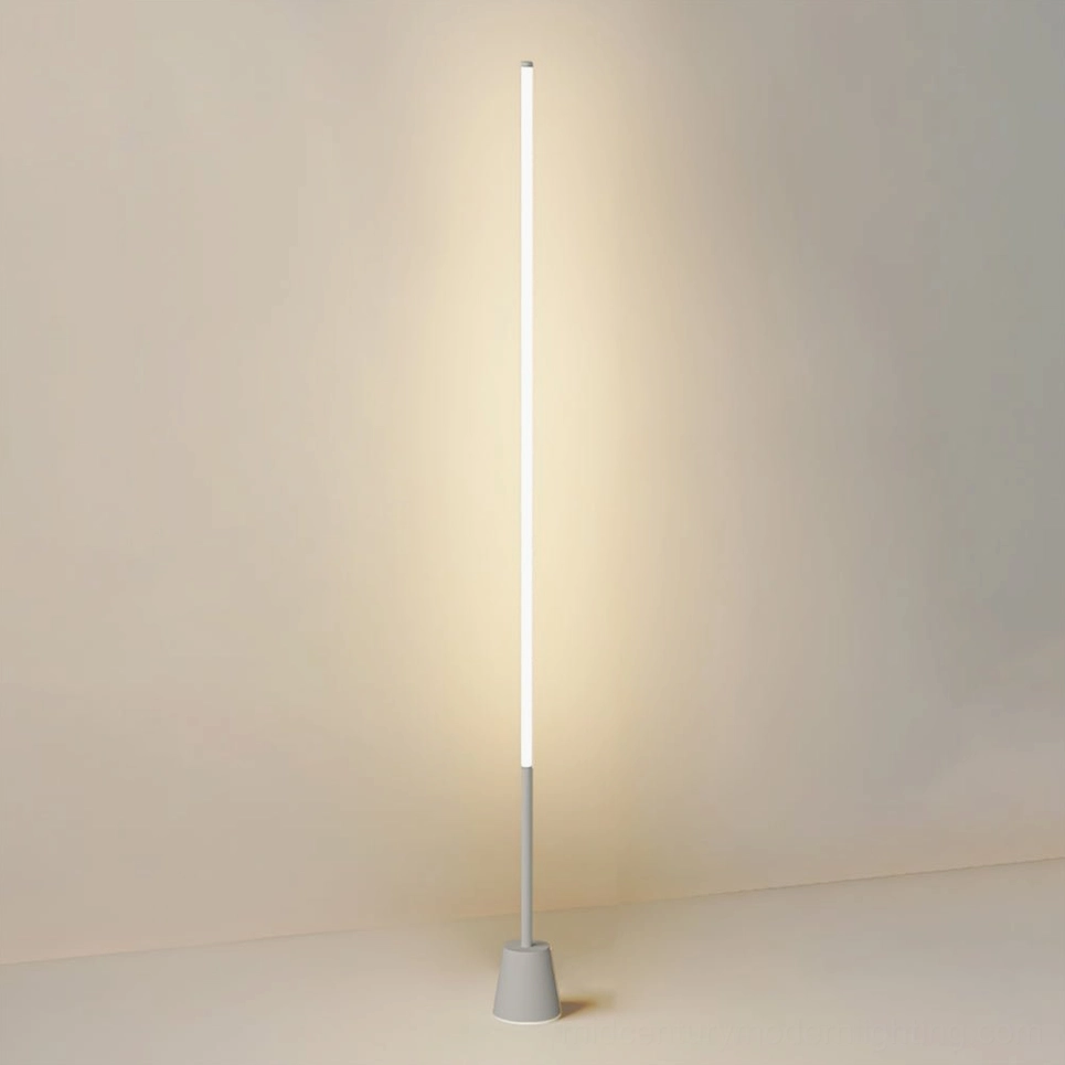 Pipeline white LED floor lamp in modern minimalist interior, clean Scandinavian aesthetic contemporary lighting