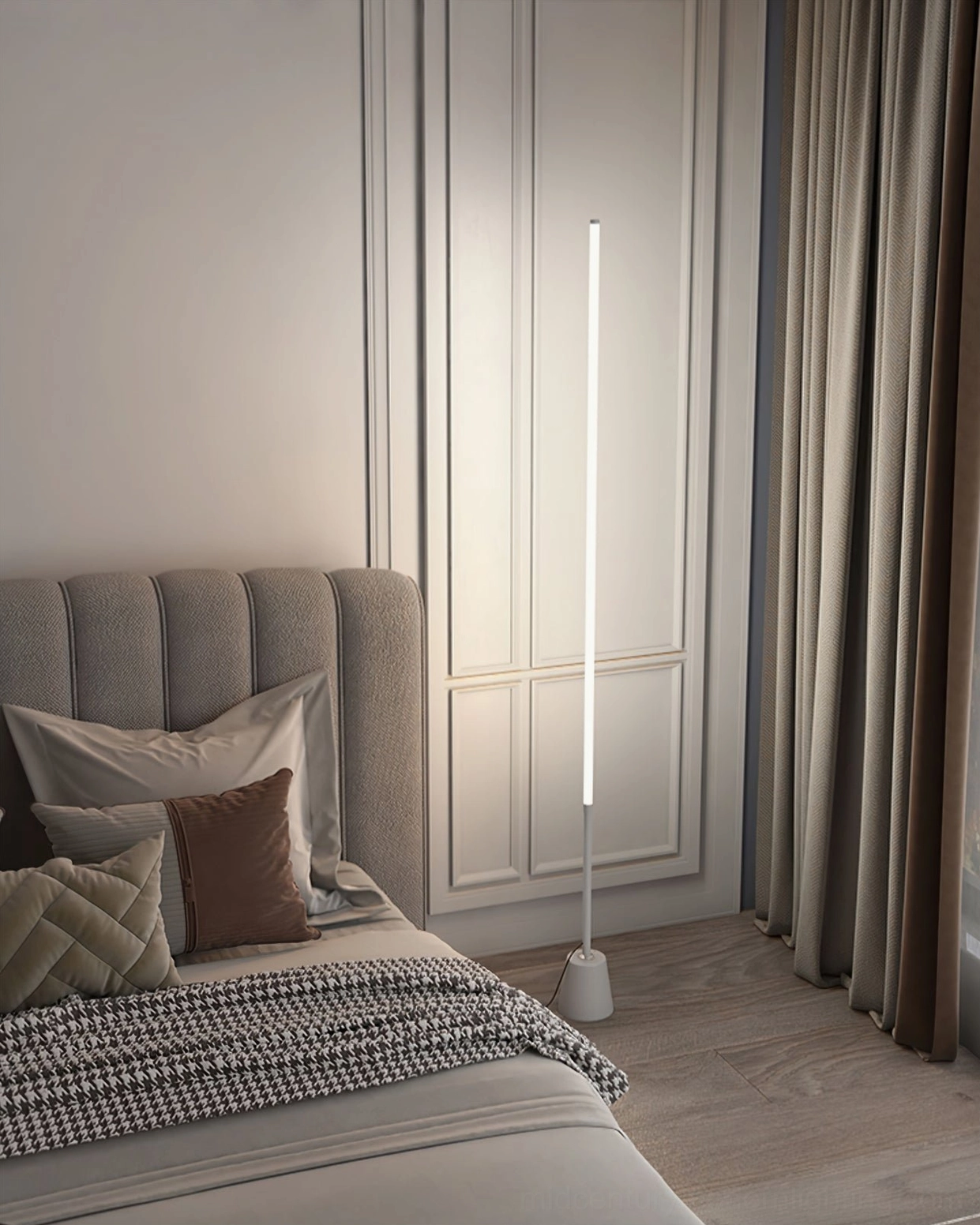 Modern white LED floor lamp in bedroom with tufted bed and neutral textured bedding, contemporary bedroom ambiance